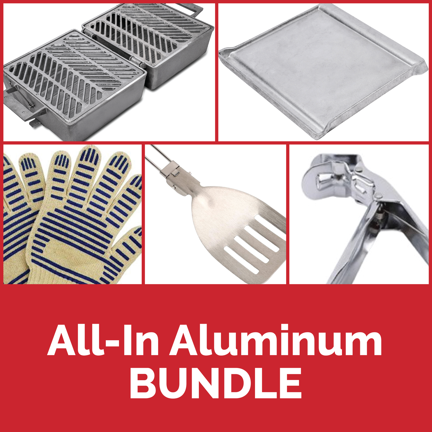 Bundle includes 1 each: 3GBBQTX Original Gripper w/Aluminum Grate BBQ Grill + the 3GBBQTX Original Small Reversible Griddle + the BBQ Accessory BUNDLE.