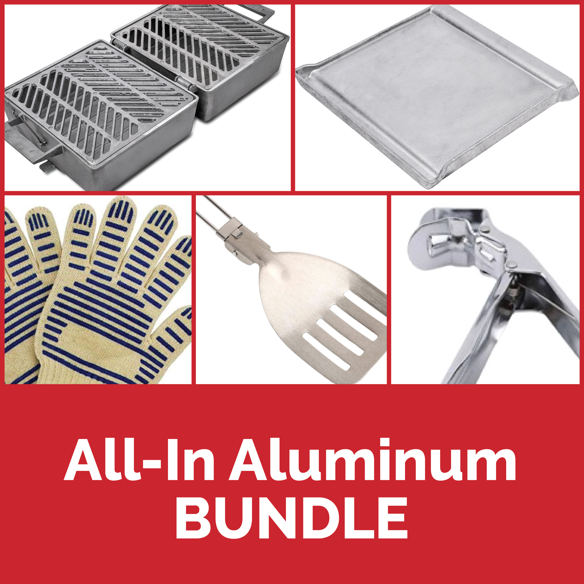 Bundle includes 1 each: 3GBBQTX Original Gripper w/Aluminum Grate BBQ Grill + the 3GBBQTX Original Small Reversible Griddle + the BBQ Accessory BUNDLE.