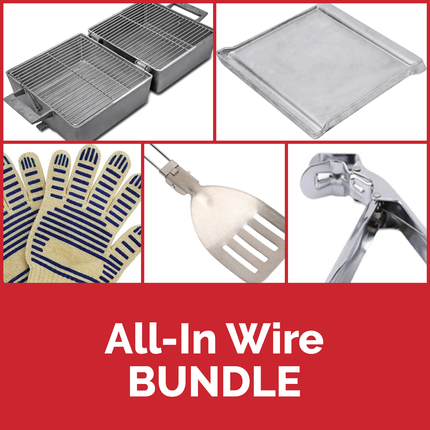 Bundle includes 1 each: 3GBBQTX Original Gripper w/Wire Grate BBQ Grill + the 3GBBQTX Original Small Reversible Griddle + the BBQ Accessory BUNDLE.