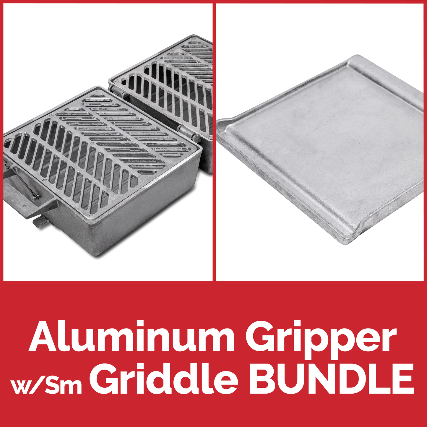 Bundle includes 1 each: 3GBBQTX Original Gripper w/Aluminum Grate + the 3GBBQTX Original Small Reversible Griddle.