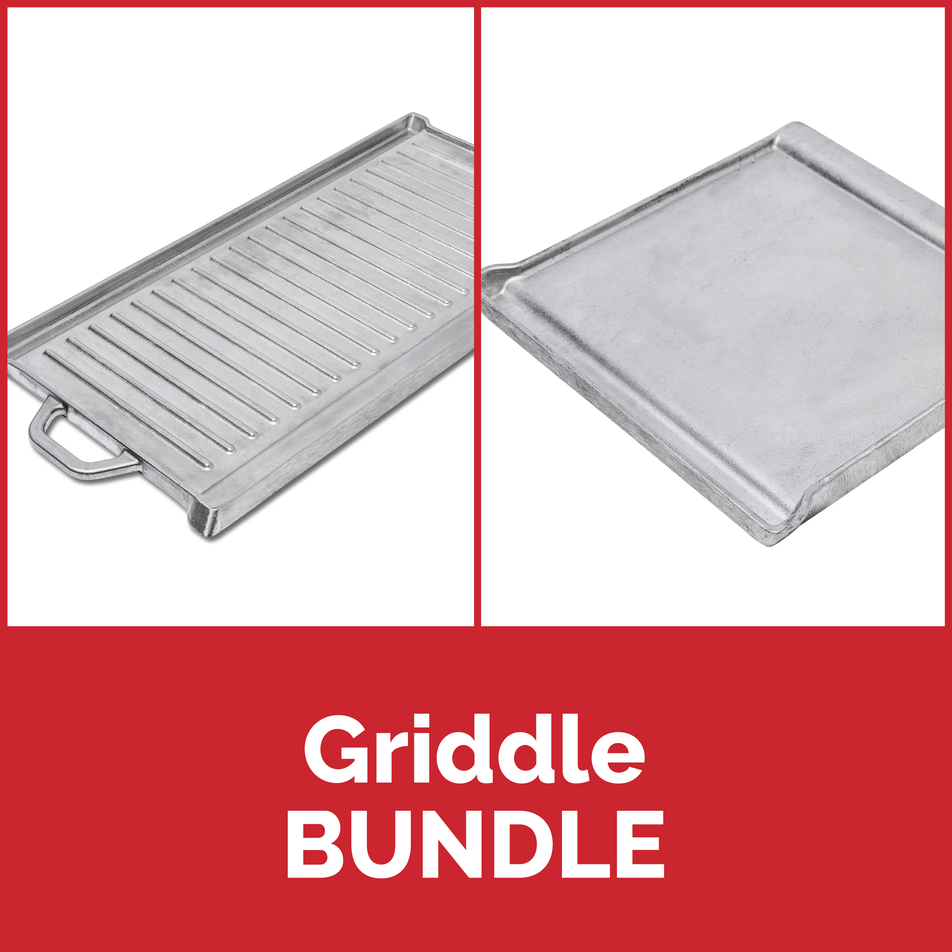 Bundle includes 1 each: 3GBBQTX Large Reversible Griddle/Grill + 3GBBQTX Small Reversible Griddle/Grill.