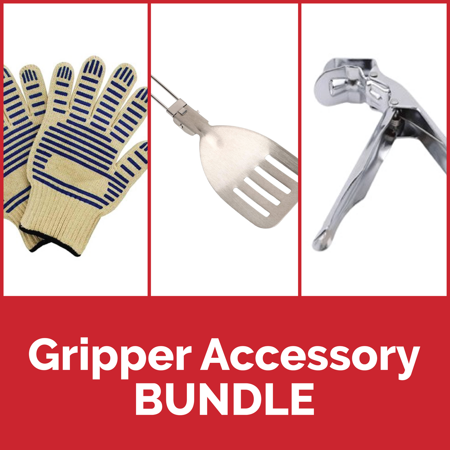Bundle includes 1 each: Heat-Resistant BBQ Gloves + Foldable Spatula + Medium Anti-Scald Grate Clamp.