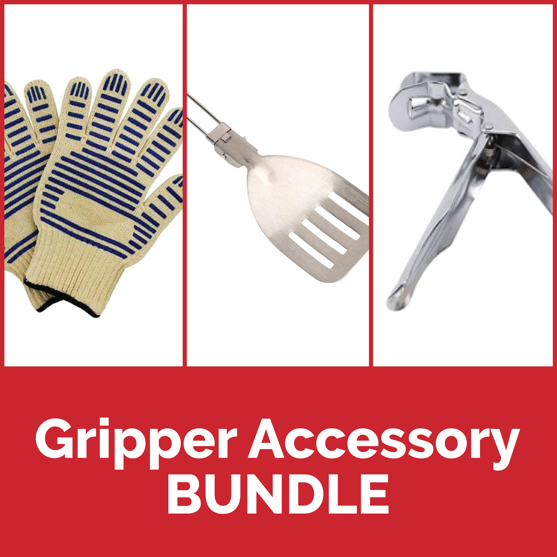 Bundle includes 1 each: Heat-Resistant BBQ Gloves + Foldable Spatula + Medium Anti-Scald Grate Clamp.